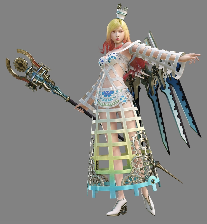 10s 1girl 3d bare_shoulders blonde_hair blue_dress breasts cleavage dissidia_final_fantasy dissidia_final_fantasy_nt dress female_focus final_fantasy gear gradient_clothes gradient_dress gradient_eyes gradient_hair green_dress grey_background hat high_heels highres holding holding_scepter long_dress long_hair materia_(dissidia) medium_breasts multicolored_eyes multicolored_hair navel nomura_tetsuya official_art ponytail red_eyes red_hair revealing_clothes scepter side_ponytail simple_background solo square_enix standing sword tecmo two-tone_hair weapon white_dress white_footwear white_hat yellow_dress yellow_eyes