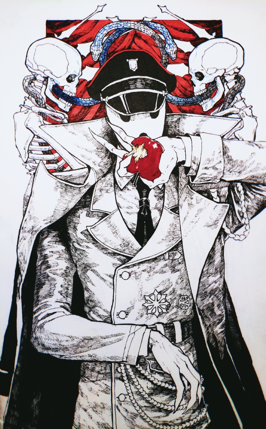 1boy apple bitten_apple coat food food_bite fruit hat highres holding holding_food holding_fruit long_sleeves military_hat military_uniform overlord_(maruyama) pandora&#039;s_actor propercybertron skeleton snake solo