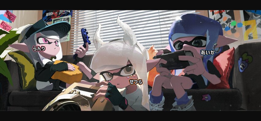 3girls black_hat black_shorts black_sweater blue_gloves blunt_bangs brown_eyes cellphone closed_mouth commentary_request couch earrings expressionless fake_horns fingerless_gloves flip_phone gloves grey_eyes grey_hair grey_shirt hairband handheld_game_console hat highres holding holding_handheld_game_console holding_phone holding_stuffed_toy holding_weapon hoop_earrings horn_hairband horns indoors inkling inkling_girl inkling_player_character jewel_under_eye jewelry lemon_dou_oishii letterboxed long_hair long_pointy_ears long_sleeves looking_at_viewer multiple_girls nintendo nintendo_switch on_couch phone pillow pink_eyes playing_games pointy_ears purple_hair purple_socks shirt shoes short_sleeves shorts sitting sloshing_machine_(splatoon) socks splatoon_(series) stuffed_squid stuffed_toy sweater t-shirt tentacle_hair visor_cap weapon white_hair white_hairband white_horns white_shirt white_shoes