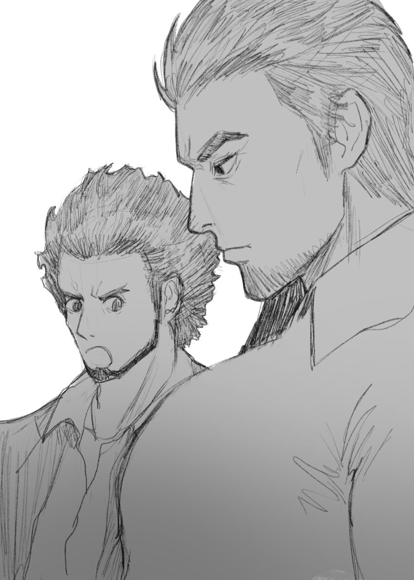 2boys :o bara character_request facial_hair from_side girl_staring_at_guy&#039;s_chest_(meme) goatee_stubble greyscale highres kiryu_kazuma large_pectorals looking_at_another looking_at_pectorals looking_down male_focus mature_male meme michin_ojisan monochrome multiple_boys muscle_envy muscular muscular_male pectorals profile ryuu_ga_gotoku_(series) stubble thick_eyebrows upper_body