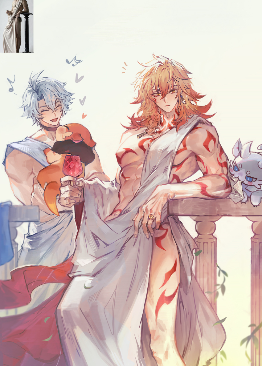 2boys abs against_railing alternate_costume antenna_hair arm_tattoo bare_pectorals black_choker blonde_hair braid chest_tattoo chimera_(honkai:_star_rail) choker closed_eyes commentary creature cup earrings facial_tattoo gold_earrings gold_ring gradient_hair hair_between_eyes happy highres holding holding_creature holding_cup honkai:_star_rail honkai_(series) jewelry large_pectorals male_focus medium_hair multicolored_hair multiple_boys muscular muscular_male mydei_(honkai:_star_rail) parted_bangs pectorals phainon_(honkai:_star_rail) photo_inset qel railing red_hair red_tattoo reference_inset robe short_hair side_braid simple_background tattoo white_background white_hair white_robe yellow_eyes