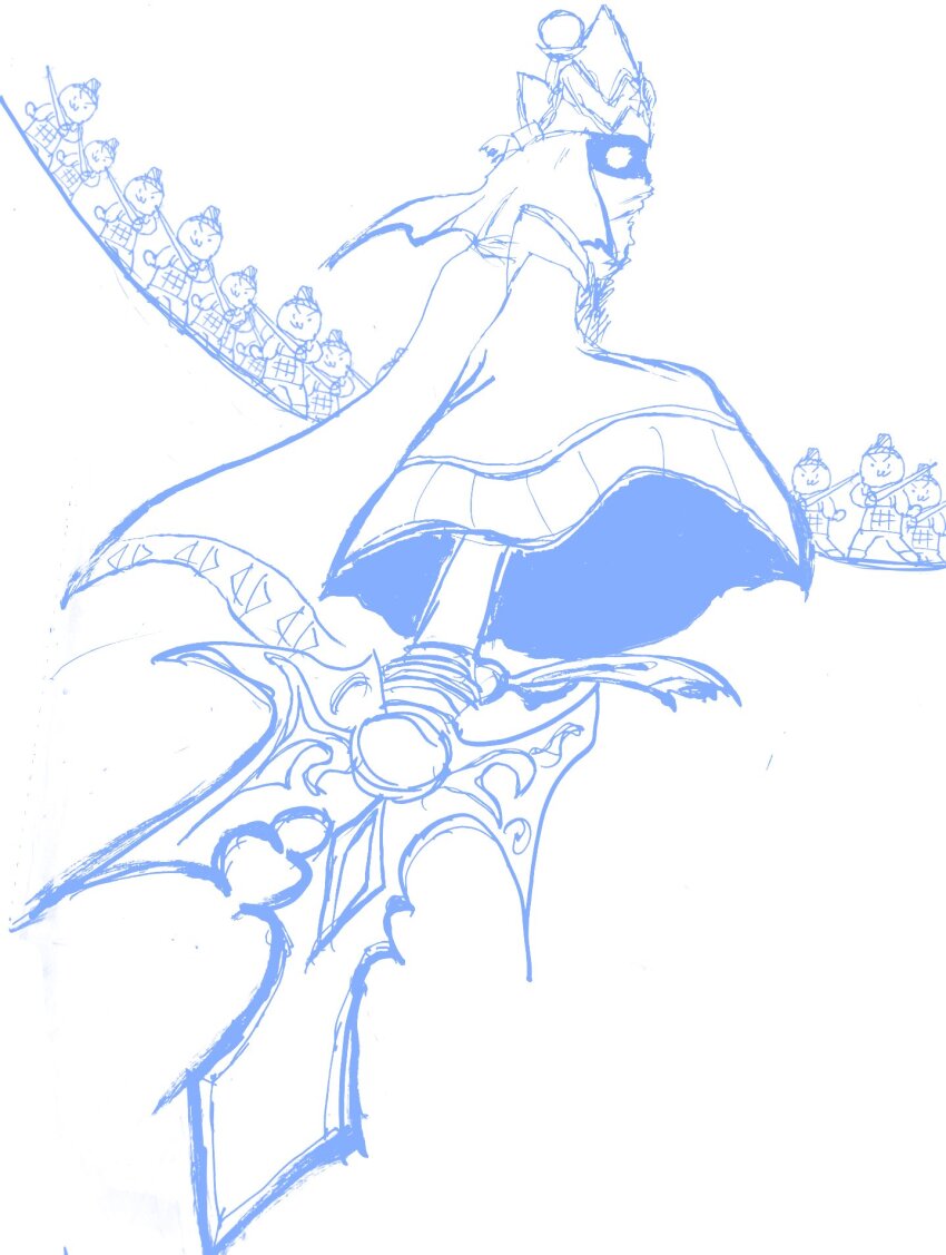 ancientwisemon digimon digimon_(creature) floating full_moon highres hood lance looking_at_viewer moon polearm solo weapon