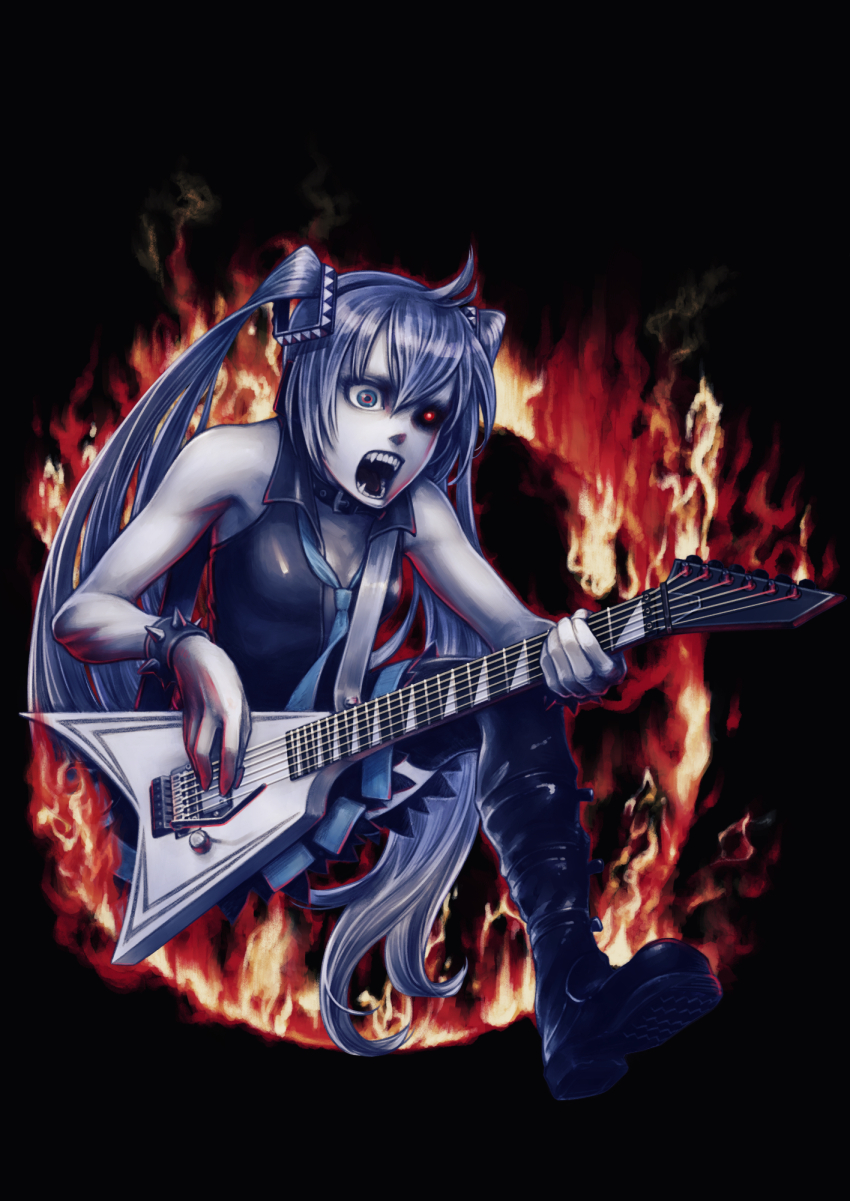 1girl black_background black_footwear bracelet derivative_work fangs fire glowing glowing_eye grey_eyes grey_hair guitar hagane_miku hair_between_eyes hanji_(hansi) hatsune_miku highres instrument iron_maiden_(band) jewelry long_hair necktie open_mouth punk ring_of_fire spiked_bracelet spikes stepping twintails very_long_hair vocaloid