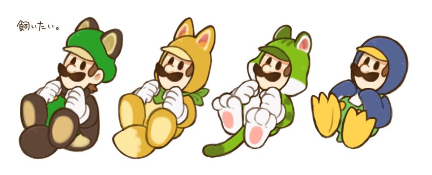 1boy brown_hair cat_luigi facial_hair flying_squirrel flying_squirrel_costume flying_squirrel_luigi gloves highres kitsune_luigi luigi male_focus mario_(series) mimimi_(mimimim9999) multiple_persona mustache new_super_mario_bros._u new_super_mario_bros._wii nintendo penguin_luigi short_hair simple_background squirrel super_mario_3d_land super_mario_3d_world translation_request white_background