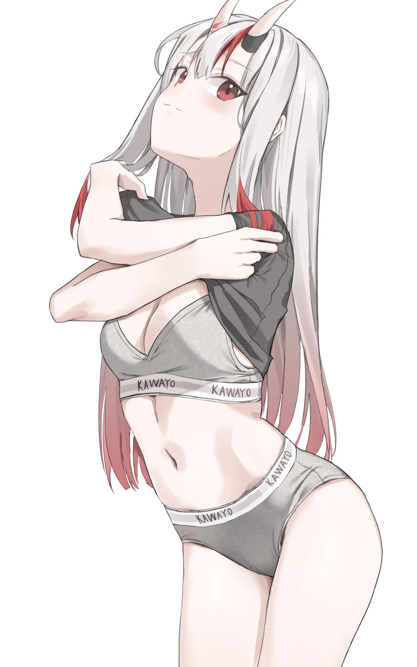 1girl absurdres alternate_costume ass black_shirt brand_name_imitation breasts cleavage closed_mouth clothes_lift clothes_writing commentary crossed_arms gradient_hair grey_hair grey_panties grey_sports_bra hair_between_horns highres hololive horns lifting_own_clothes long_hair looking_at_viewer multicolored_hair nakiri_ayame navel oni panties red_eyes red_hair scarlet_(wv0102) shirt shirt_lift short_sleeves simple_background skin-covered_horns smile solo sports_bra sports_panties standing streaked_hair symbol-only_commentary t-shirt underwear underwear_writing undressing virtual_youtuber white_background
