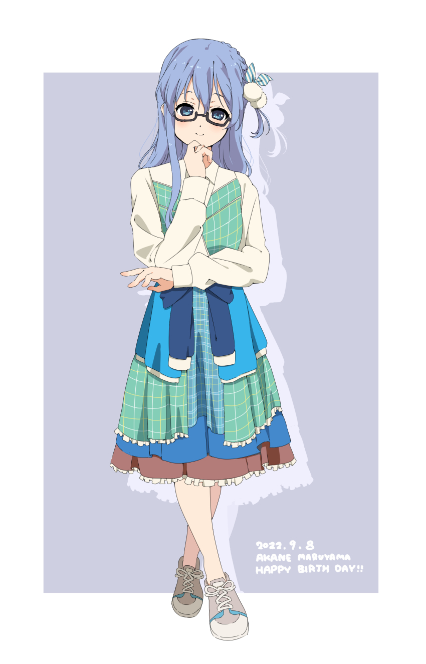 1girl 22/7 absurdres black-framed_eyewear blue_eyes blue_hair border bow braid character_name closed_mouth crossed_legs dated dress full_body glasses grey_background hair_between_eyes hair_bow hand_on_own_chin happy_birthday highres light_blue_hair long_hair long_sleeves looking_at_viewer maruyama_akane multicolored_dress multicolored_footwear rectangular_eyewear semi-rimless_eyewear single_braid smile solo striped_bow tanpaku_(oqu_2) under-rim_eyewear vertical-striped_bow white_border