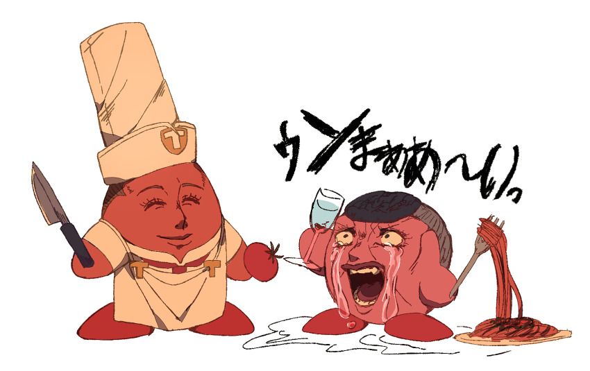 2boys apron chef_hat chef_kawasaki crossover crying cup diamond_wa_kudakenai food fusion hat highres holding holding_cup jojo_no_kimyou_na_bouken kirby kirby_(series) kitchen_knife male_focus multiple_boys nijimura_okuyasu nintendo open_mouth pasta siniy spaghetti t_t tears tomato tonio_trussardi water