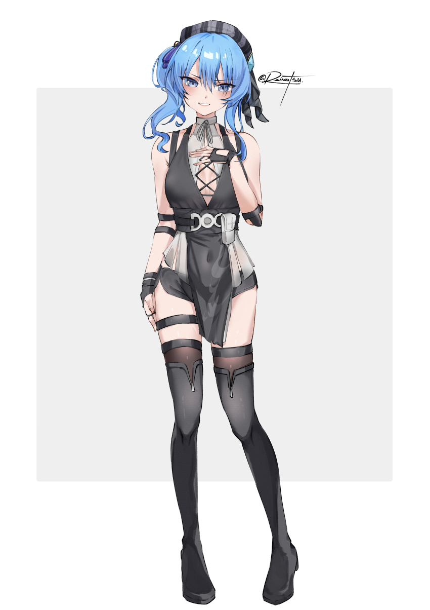 1girl absurdres beret black_hat black_shirt black_shorts black_thighhighs blue_eyes blue_hair boots breasts cosplay female_rover_(wuthering_waves) female_rover_(wuthering_waves)_(cosplay) fingerless_gloves full_body gloves grin hat highres hololive hoshimachi_suisei medium_breasts pelvic_curtain rainatsuu rover_(wuthering_waves) shirt shorts side_ponytail sleeveless sleeveless_shirt smile solo standing star_(symbol) star_in_eye symbol_in_eye thigh_boots thighhighs virtual_youtuber wuthering_waves