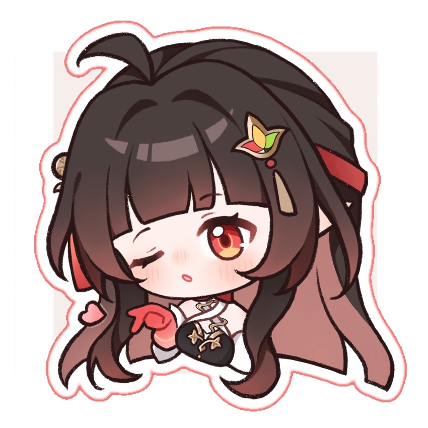 1girl black_hair brown_hair chibi chinese_clothes chobi closed_mouth dress hair_ornament hanfu highres honkai:_star_rail honkai_(series) jiaoling_ruqun lingsha_(honkai:_star_rail) long_hair red_eyes ruo_qi simple_background smile solo white_background xichu47722