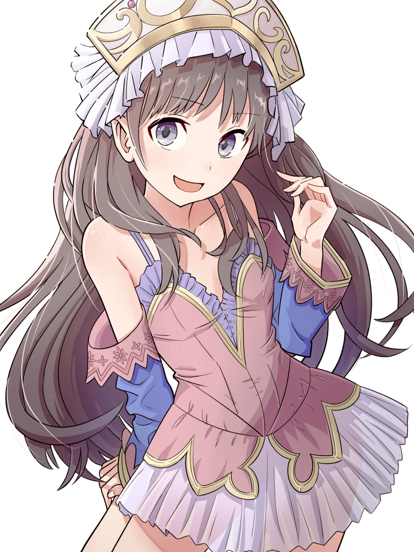 1girl atelier_(series) atelier_totori bare_shoulders blue_sleeves brown_hair detached_sleeves dress hair_ornament hat headdress highres long_hair looking_at_viewer open_mouth oxymoron_0213 purple_eyes see-through_clothes simple_background skirt smile solo totooria_helmold white_background