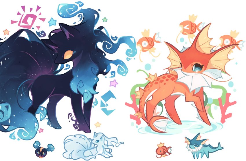 &gt;_&lt; alolan_form alolan_ninetales charamells commentary cosmog eyelashes fish fusion gen_1_pokemon gen_7_pokemon highres legendary_pokemon looking_back magikarp nintendo no_humans open_mouth orange_eyes pokemon pokemon_(creature) ripples standing star_(symbol) vaporeon white_background