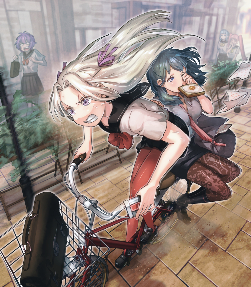 5girls bernadetta_von_varley bicycle bicycle_basket blue_hair bread bread_slice female_byleth_(fire_emblem) clenched_teeth commentary_request contemporary edelgard_von_hresvelg egg_(food) fire_emblem fire_emblem:_three_houses food food_in_mouth fried_egg green_hair highres hilda_valentine_goneril korokoro_daigorou late_for_school long_hair marianne_von_edmund mouth_hold multiple_girls nintendo pantyhose pink_hair purple_eyes purple_hair red_pantyhose school_uniform skirt teacher_and_student teeth toast toast_in_mouth white_hair yuri