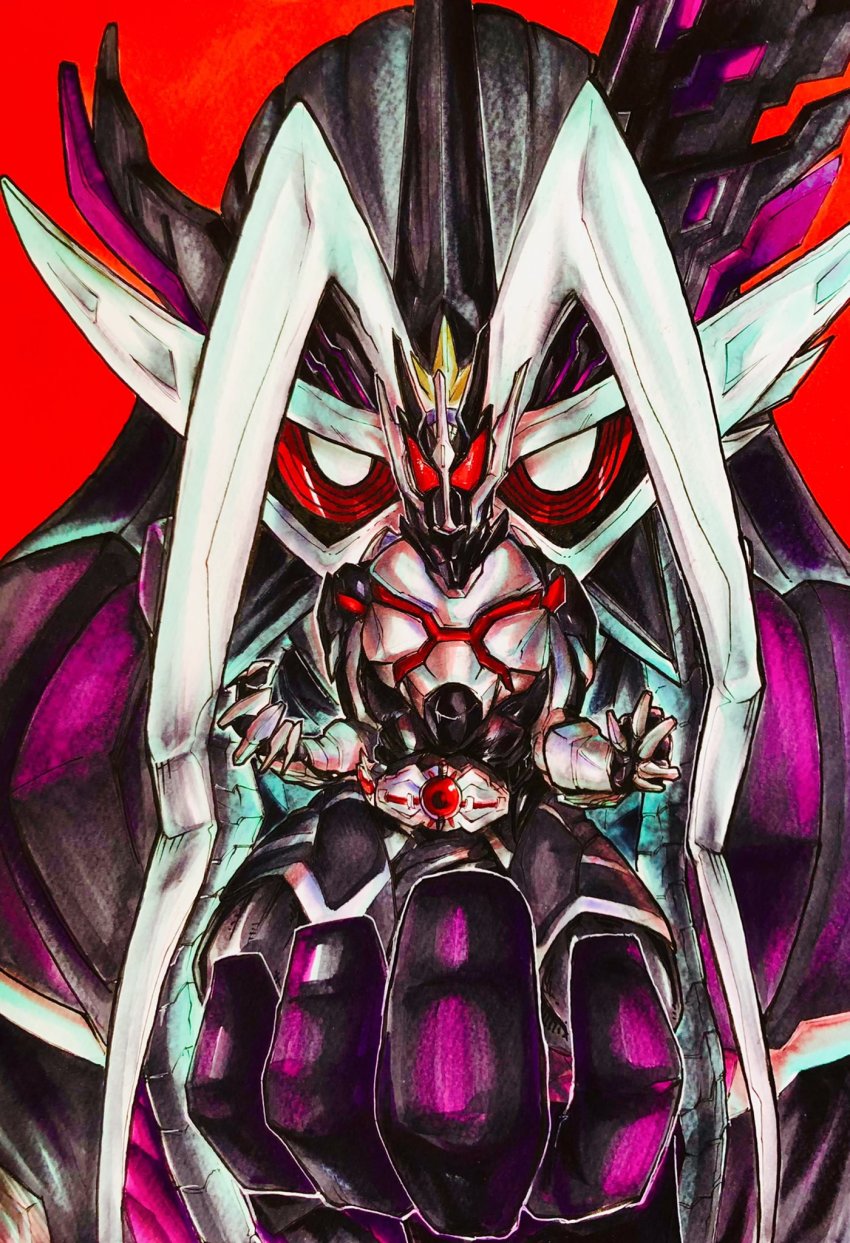 2boys alternate_costume ark_driver armor black_bodysuit bodysuit creator_connection glowing glowing_eyes highres kamen_rider kamen_rider_01_(series) kamen_rider_ex-aid_(series) kamen_rider_genm kamen_rider_outsiders kamen_rider_thousand_ark kamen_rider_thouser long_hair male_focus multiple_boys musou_gamer official_alternate_costume purple_armor rat0116ebi red_eyes rider_belt traditional_media white_armor