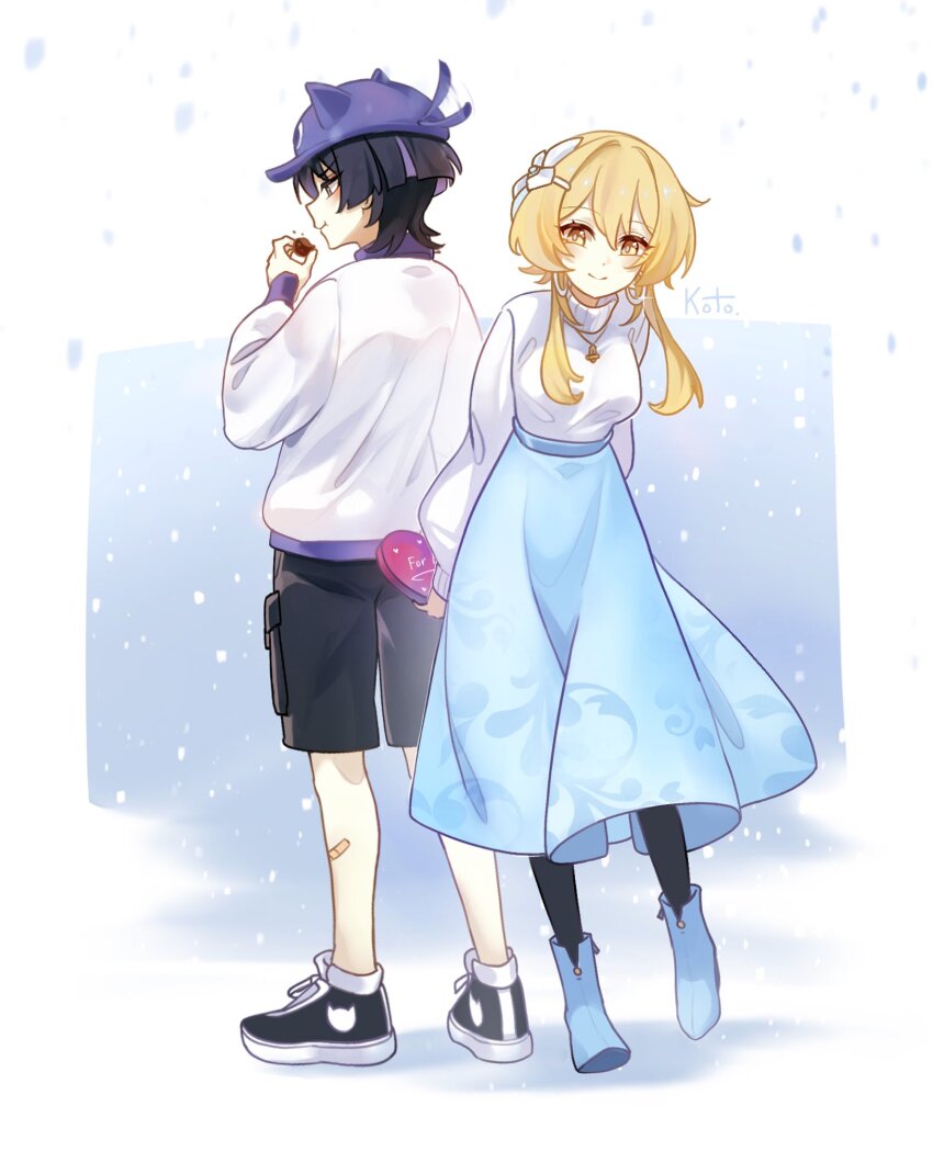 1boy 1girl alternate_costume animal_hat arms_behind_back artist_name back-to-back bandaid bandaid_on_leg black_hair black_leggings black_shoes black_shorts blonde_hair blouse blue_background blue_shoes blue_skirt blunt_ends box casual cat_hat chocolate closed_mouth contemporary eyelashes food full_body genshin_impact gold_necklace gold_pendant hair_between_eyes hat heart-shaped_box highres holding holding_chocolate holding_food jewelry kotokate leggings long_skirt long_sleeves looking_at_object looking_at_viewer lumine_(genshin_impact) multicolored_hair necklace purple_hair purple_hat ribbed_collar scaramouche_(genshin_impact) shirt shoes short_hair short_hair_with_long_locks shorts sidelocks skirt smile sneakers split_mouth standing streaked_hair wanderer_(fairy_tale_cat)_(genshin_impact) wanderer_(genshin_impact) white_shirt white_sleeves yellow_eyes