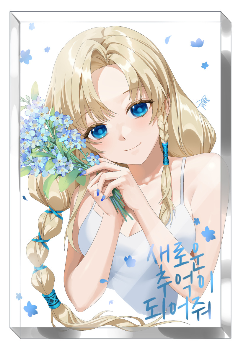 1girl acrylic_stand_(object) bare_shoulders blonde_hair blony_(mabinogi) blue_eyes breasts cleavage flower gom-iuneunsoli highres holding holding_flower looking_at_viewer mabinogi medium_breasts smile
