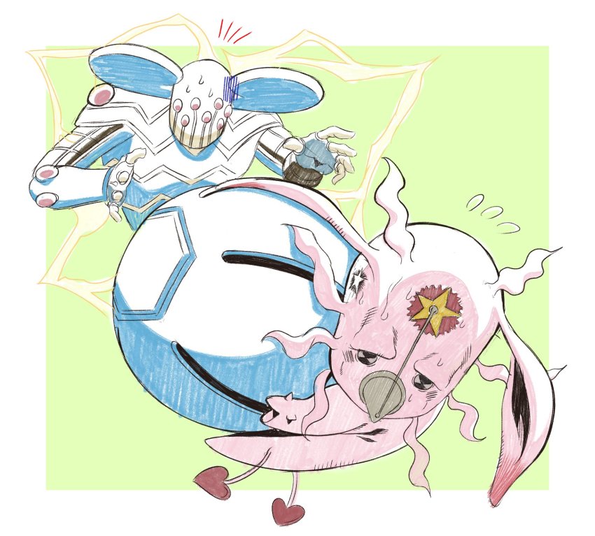 ball ball_breaker_(stand) border flying_sweatdrops grandguerrilla green_background heart highres jojo_no_kimyou_na_bouken no_humans notice_lines steel_ball_run turn_pale tusk_(stand) white_border