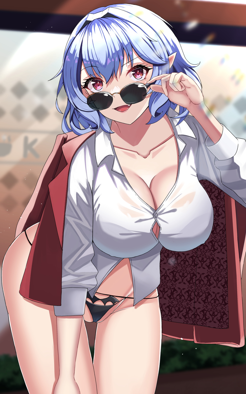 1girl absurdres aged_up bent_over blue_hair breasts button_gap cleavage coat coat_on_shoulders collarbone collared_shirt commission eyelashes fang highres hossy large_breasts light_blue_hair lipstick looking_over_eyewear makeup no_pants open_mouth panties pointy_ears red_eyes remilia_scarlet shirt side-tie_panties skeb_commission solo sunglasses thighs tongue touhou underwear white_shirt