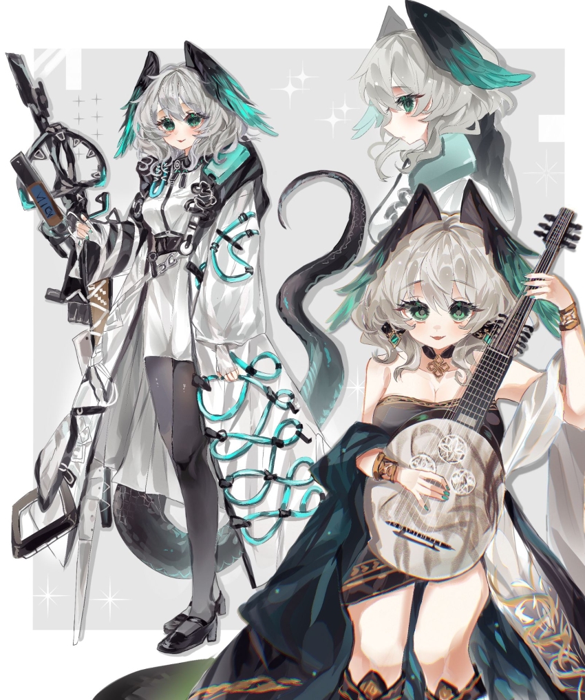 1girl ambience_synesthesia arknights bare_shoulders black_pantyhose black_shoes black_tail blush border bracelet breasts chinese_commentary chromatic_aberration cleavage coat commentary_request dress fingerless_gloves gloves green_eyes grey_hair highres ho&#039;olheyak_(arknights) ho&#039;olheyak_(carriage_of_the_winds_of_time)_(arknights) holding holding_instrument infection_monitor_(arknights) instrument jewelry large_breasts light_particles looking_at_viewer medium_hair multiple_views official_alternate_costume outside_border pantyhose profile shoes smile sparkle tail white_border white_coat white_dress white_gloves zhanghuaimin05516