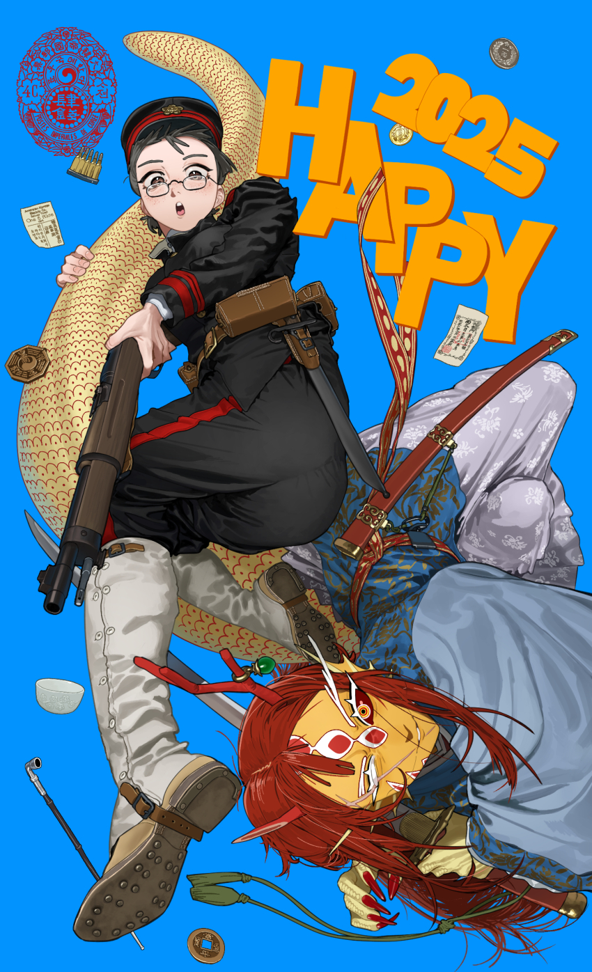1girl 2025 antlers belt belt_pouch black_hair black_hat black_jacket black_pants blue_background boots brown_belt chinese_zodiac colored_eyelashes colored_sclera freckles glasses grey_eyes gun happy_new_year hat highres holding holding_gun holding_sword holding_weapon horns jacket korean_empire long_hair long_sleeves new_year one_eye_closed open_mouth original pants pouch pzkpfwi red_hair red_nails red_sclera sheath short_hair smoking_pipe sword weapon white_boots year_of_the_dragon yellow_eyes