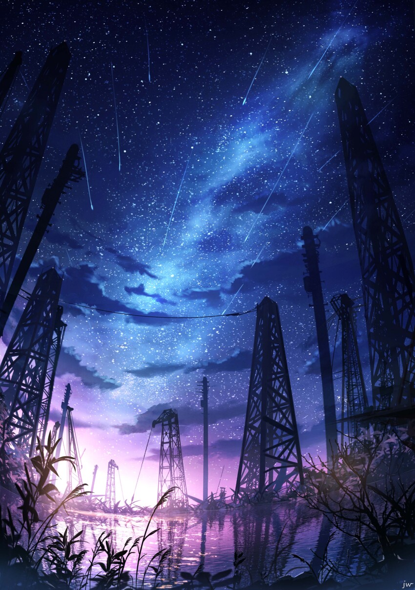 absurdres chinese_commentary cloud commentary highres huashijw milky_way night night_sky no_humans original outdoors plant pumpjack reeds reflection scenery shooting_star sky star_(sky) starry_sky utility_pole water