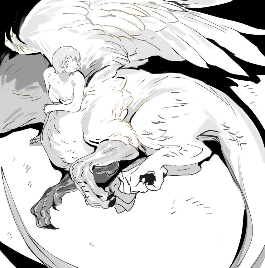 1girl chimera claws dragon_claw dragon_girl dragon_tail dungeon_meshi falin_touden falin_touden_(chimera) feathered_wings feathers greyscale hashtag-only_commentary highres looking_up lying medium_hair mg1025fish monochrome monster_girl on_side scales tail wings
