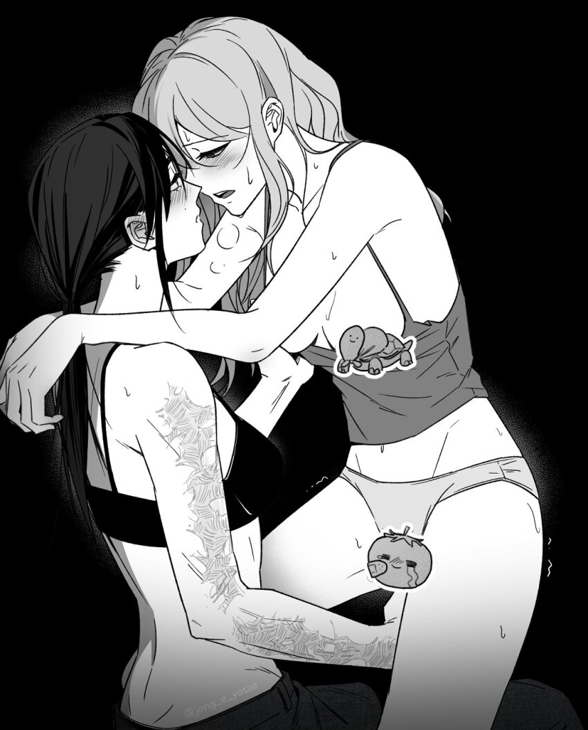 2girls arms_around_neck blush bra breasts breasts_out camisole censored censored_nipples commentary_request greyscale highres jong_e_yosae korean_commentary long_hair monochrome multiple_girls novelty_censor open_mouth original paid_reward_available panties scar scar_on_arm straddling sweat underwear yuri