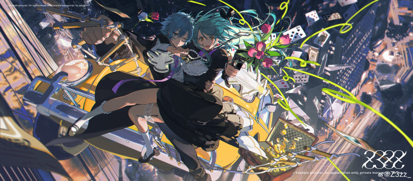 1boy 1girl absurdres arm_around_neck black_dress blue_eyes blue_hair box building card cardigan cityscape closed_mouth coin commentary_request dress english_text flower from_above gold_coin gun handgun highres holding holding_gun holding_ladder holding_weapon jewelry knife ladder long_hair motor_vehicle necklace one_eye_closed open_mouth original outdoors playing_card skyscraper smile socks thigh_strap volkswagen_beetle waist_cape weapon white_socks wide_shot wide_sleeves yellow_eyes z3zz4