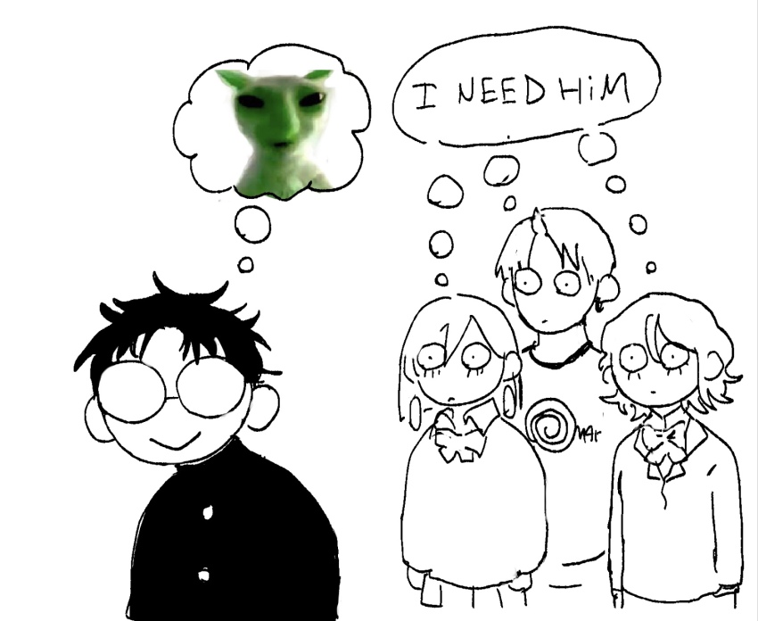 2boys 2girls alienposting_(meme) ayase_momo bisexual_male dandadan english_text enjoji_jin glasses greyscale hair_between_eyes hashtag-only_commentary highres image_in_thought_bubble implied_bisexual jujubamp4 medium_hair meme monochrome multiple_boys multiple_girls round_eyewear shared_thought_bubble shiratori_aira_(dandadan) short_hair sketch speech_bubble spot_color takakura_ken_(dandadan) thought_bubble white_background