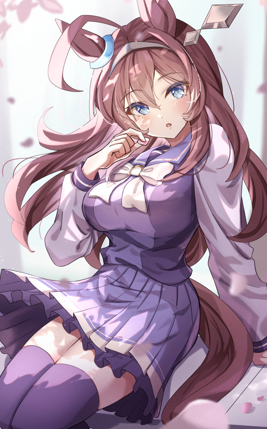 1girl :o absurdres ahoge animal_ears arm_support blue_eyes blush bow bowtie brown_hair commentary_request cowboy_shot falling_petals hairband highres horse_ears horse_girl horse_tail horseshoe_ornament long_hair long_sleeves looking_at_viewer metal_hairband mihono_bourbon_(umamusume) open_mouth petals pleated_skirt purple_sailor_collar purple_shirt purple_skirt purple_thighhighs sailor_collar sailor_shirt school_uniform shirt sitting skirt solo summer_uniform surprised tail takenaka_takeshi thighhighs tracen_school_uniform umamusume white_bow white_bowtie winter_uniform
