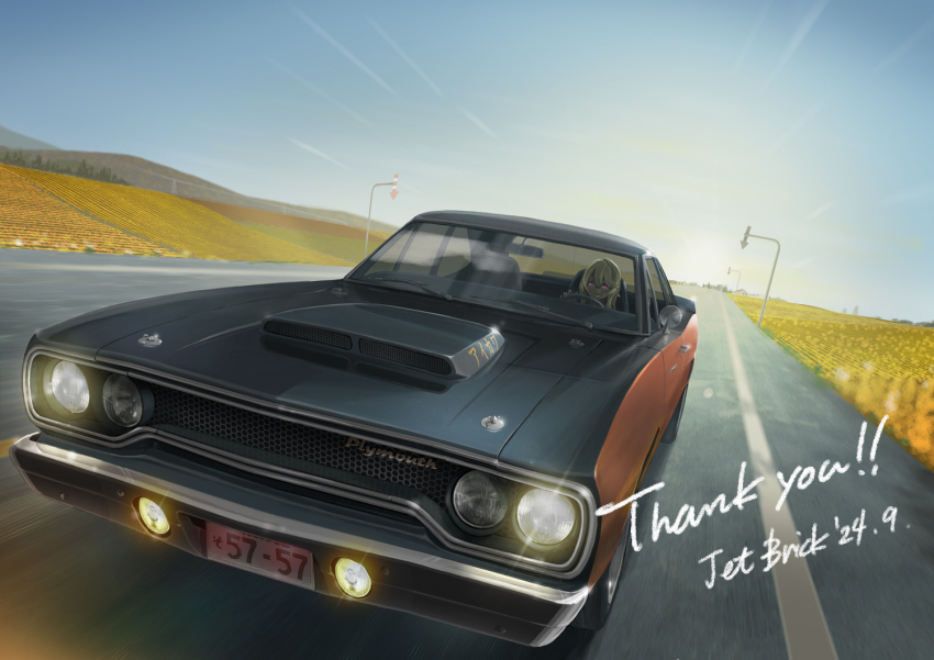 1girl aikawa_reina_(moparmudder) artist_name autumn black_car blonde_hair blue_sky car commentary_request dated day driving hokkaido jettoburikku license_plate motor_vehicle muscle_car original outdoors pink_eyes plymouth_(brand) plymouth_road_runner road sky solo steering_wheel thank_you vehicle_focus