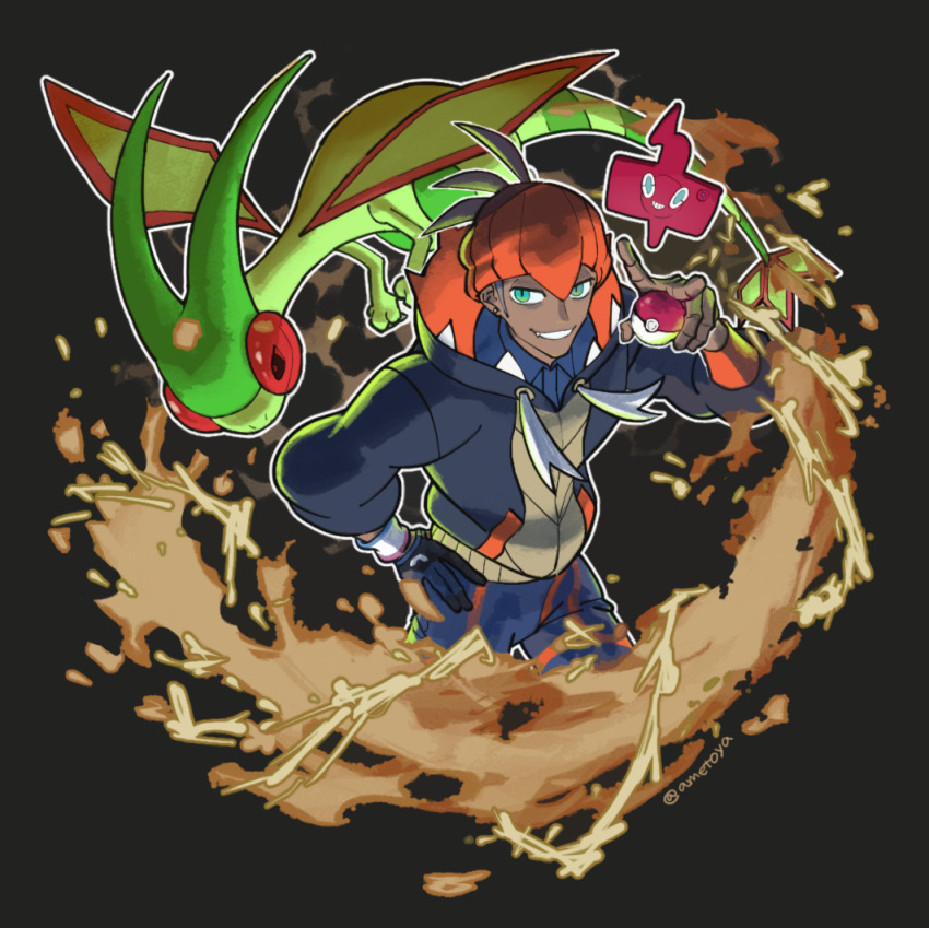 1boy ametoya black_gloves blue_pants commentary_request dark-skinned_male dark_skin flygon gen_3_pokemon gen_4_pokemon gloves green_eyes grey_background grin hand_on_own_hip looking_at_viewer male_focus nintendo pants poke_ball poke_ball_(basic) pokemon pokemon_(creature) pokemon_swsh raihan_(pokemon) rotom rotom_phone smile