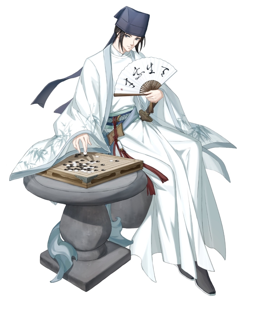 1boy between_fingers black_eyes black_hair black_hat black_shoes board_game chess_piece chinese_clothes closed_mouth dao_gui_yi_xian folding_fan full_body go_(board_game) hand_fan hanfu hat hat_ribbon highres holding holding_chess_piece holding_fan jin_(headwear) jun_buhui long_sleeves looking_at_viewer male_focus official_art paper_fan ribbon robe sash shoes simple_background sitting smile solo sword table tassel weapon white_background white_hanfu white_robe wide_sleeves yaopei zhouzi_jin_(headwear) zhuge_yuan
