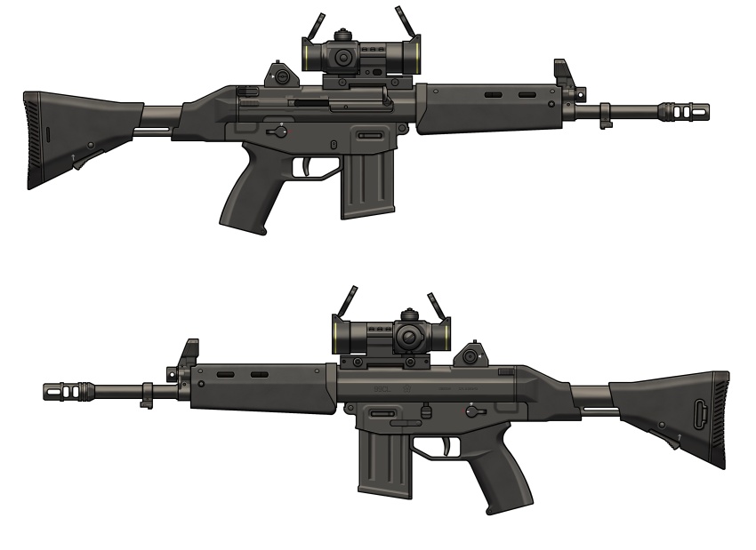 absurdres assault_rifle commentary_request from_side gun highres howa_type_89 multiple_views no_humans original rifle scope simple_background spartan56_(116_spartan56) still_life weapon weapon_focus white_background
