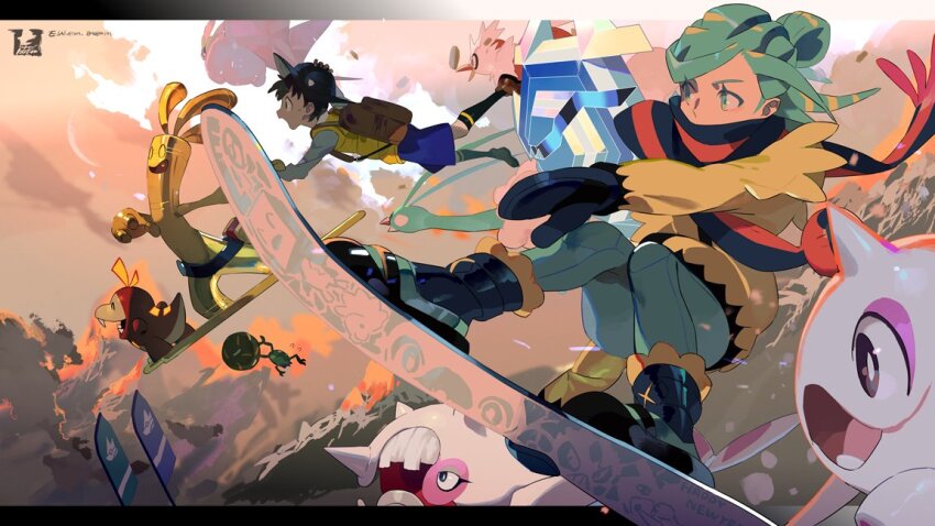 2boys backpack bag black_hair black_socks boots brown_bag brown_footwear cetitan cetoddle cryogonal delibird e_volution florian_(pokemon) fuecoco gen_2_pokemon gen_5_pokemon gholdengo green_eyes green_hair grusha_(pokemon) hat jacket male_focus mittens multiple_boys nintendo pants pokemon pokemon_sv scarf scarf_over_mouth shirt shoes short_hair shorts snowboarding socks striped_clothes striped_scarf vest yellow_jacket yellow_vest