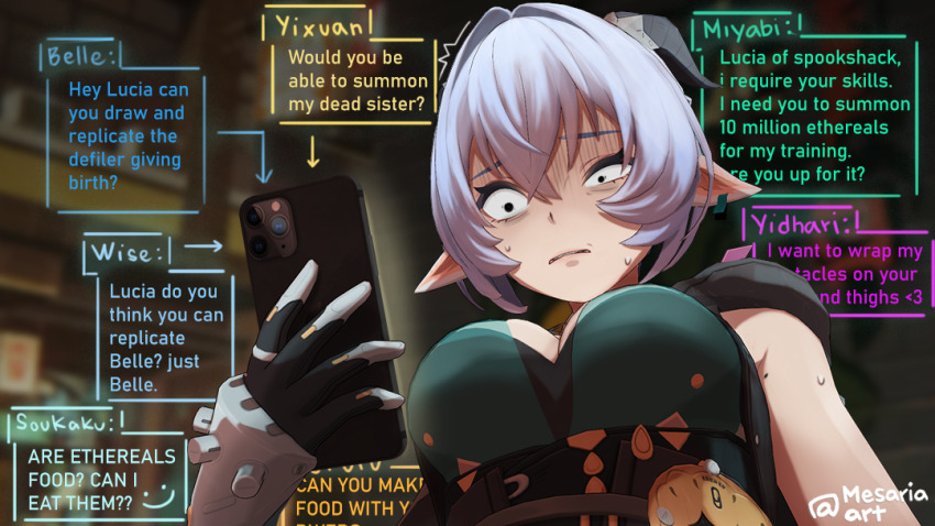 1girl accessories cellphone chat_log commentary disturbed emoji english_commentary english_text goat_girl goat_horns holding holding_phone horns looking_at_phone lucia_elowen mesaria_art mole mole_on_shoulder phone smartphone solo text_messaging traumatized zenless_zone_zero