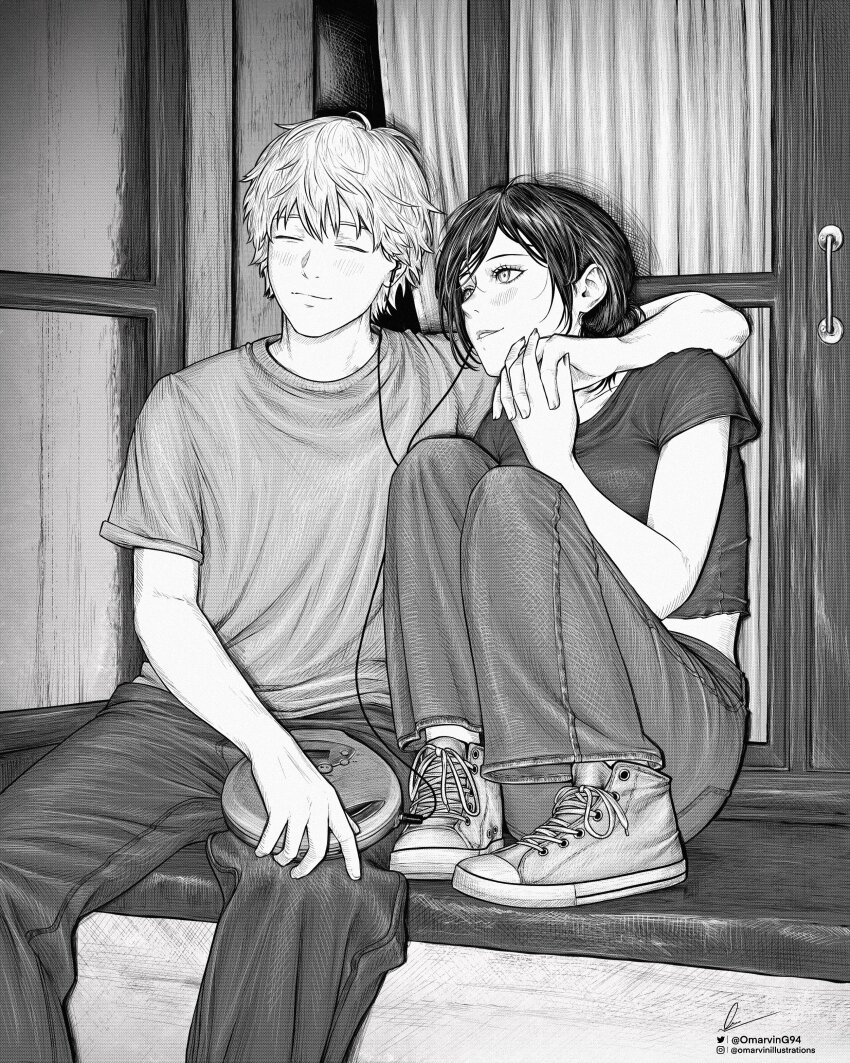 1boy 1girl absurdres chainsaw_man denim denji_(chainsaw_man) earphones greyscale highres jeans knees_up marvin_(omarvin) mitaka_asa monochrome music_player pants shared_earphones shirt sitting