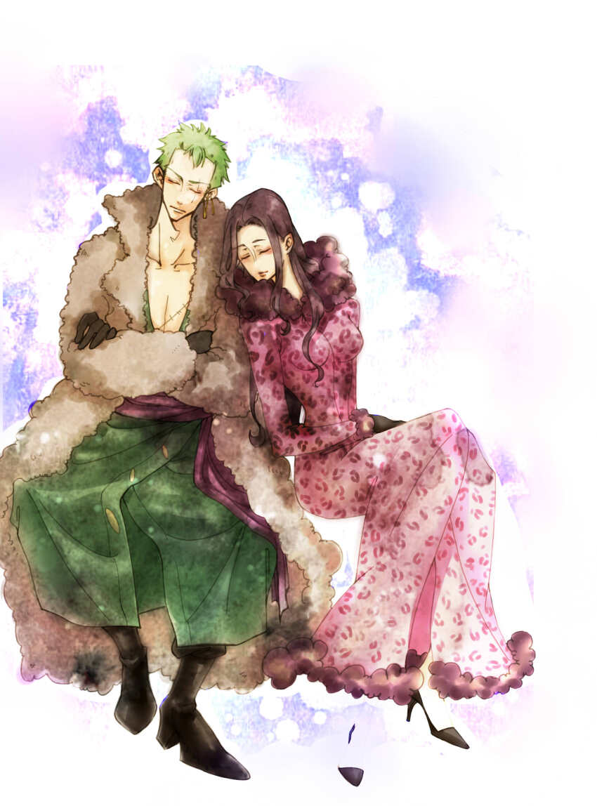 1boy 1girl absurdres black_footwear black_gloves black_hair boots closed_eyes commentary_request crossed_arms earrings full_body gloves green_hair green_kimono head_on_another&#039;s_shoulder high_heels highres japanese_clothes jewelry kimono leaning_on_person long_coat long_hair medusalan nico_robin nico_robin_(punk_hazard) one_piece purple_sash roronoa_zoro sash scar scar_across_eye scar_on_face short_hair sitting stitched_torso stitches