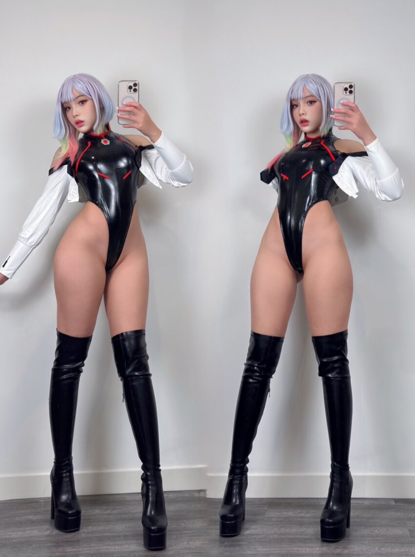 1girl cosplay cyberpunk_(series) cyberpunk_edgerunners full_body highres legs long_legs lucy_(cyberpunk) lucy_(cyberpunk)_(cosplay) real_life short_hair solo swimsuit