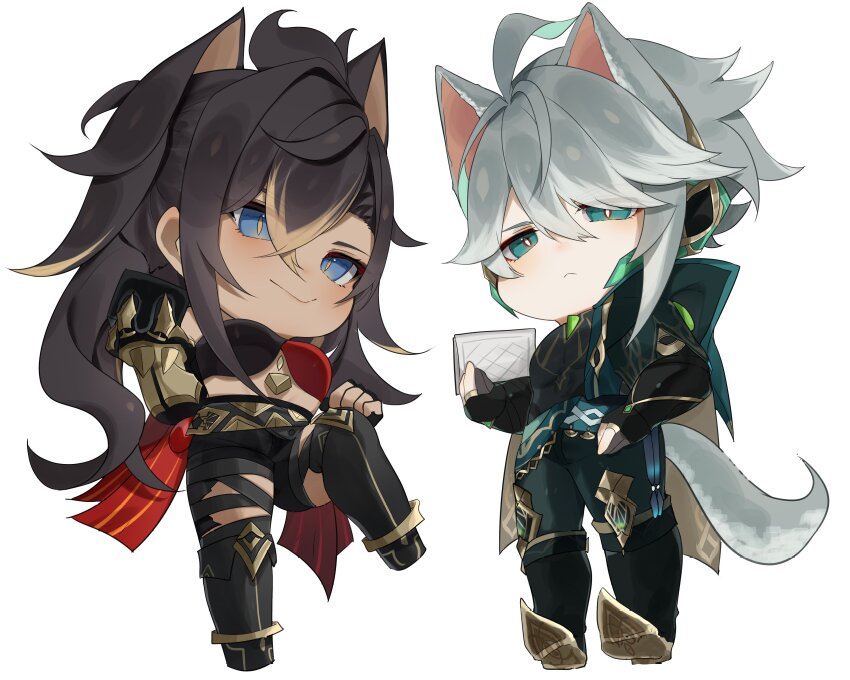1boy 1girl 4reiji absurdres ahoge alhaitham_(genshin_impact) animal_ears bandeau black_bandeau black_boots black_gloves black_hair black_shirt black_shorts blonde_hair blue_eyes blush book boots bright_pupils cape cat_ears cat_tail chibi closed_mouth crossed_bangs dark-skinned_female dark_skin dehya_(genshin_impact) elbow_gloves fingerless_gloves full_body gem genshin_impact gloves gold_trim green_cape green_eyes green_gemstone green_hair green_pants grey_hair grey_tail hair_between_eyes hair_ears hashtag-only_commentary highres holding holding_book knee_up long_hair looking_at_viewer looking_to_the_side multicolored_bandeau pants red_bandeau shirt short_hair shorts simple_background single_fingerless_glove slit_pupils smile tail thigh_strap white_background white_pupils yellow_pupils