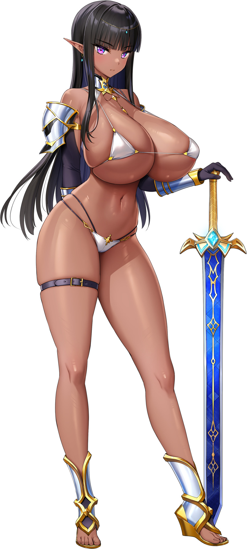 1girl :| absurdres arm_behind_back armor armored_boots armored_collar belt bikini bikini_armor black_hair boots breasts cleavage closed_mouth dark-skinned_female dark_elf dark_skin derauea earrings elf game_cg hair_ornament hands_on_hilt high_heels highres hime_cut huge_breasts jewelry light_blush long_hair long_pointy_ears long_sidelocks looking_at_viewer motto!_haramase!_honoo_no_oppai_isekai_oppai_bunny_gakuen! navel non-web_source official_art open-toe_boots planted planted_sword planted_weapon pointy_ears purple_eyes raelda_le_failda rerebrace sidelocks skindentation solo star_(symbol) star_in_eye swimsuit sword symbol_in_eye tachi-e thigh_belt thigh_strap transparent_background vambraces weapon white_bikini