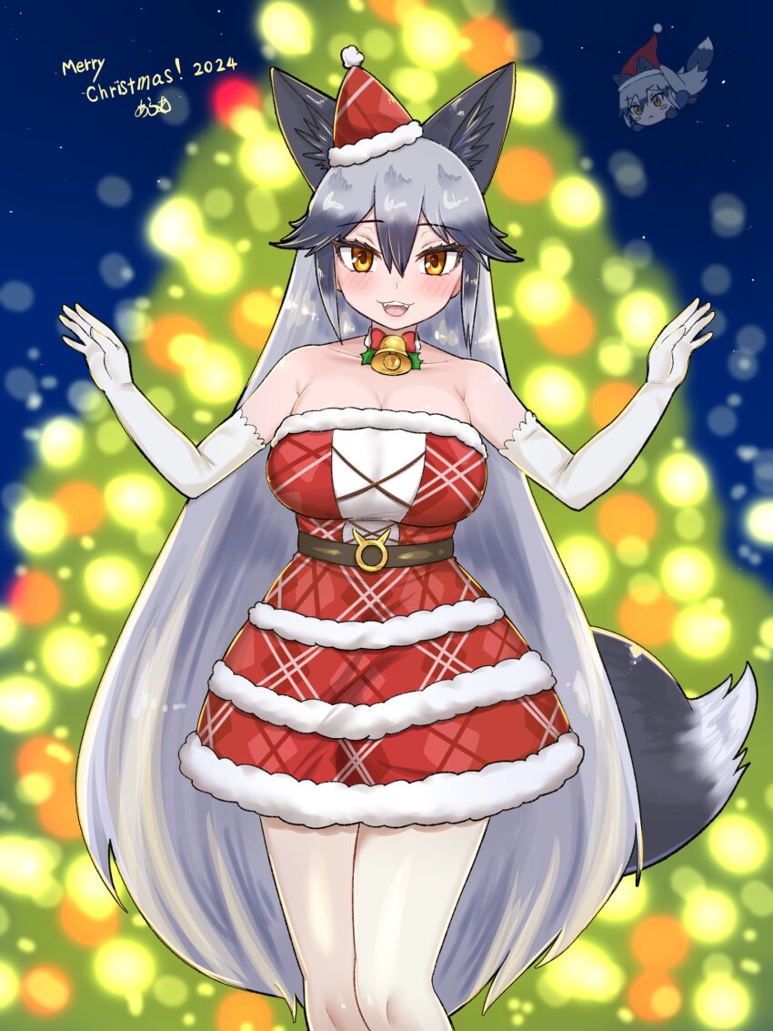 1girl :3 animal_ears aramaru bare_shoulders bell belt blush bow bowtie brown_belt christmas christmas_tree cowboy_shot detached_collar dress elbow_gloves extra_ears fox_ears fox_girl fox_tail frilled_gloves frills fur_trim gloves grey_hair hair_between_eyes hat highres kemono_friends long_hair merry_christmas mini_hat mini_santa_hat multicolored_hair neck_bell orange_eyes pantyhose plaid_clothes plaid_dress red_bow red_bowtie red_dress santa_costume santa_dress santa_hat sidelocks silver_fox_(kemono_friends) sleeveless solo strapless strapless_dress tail white_fur white_gloves white_pantyhose