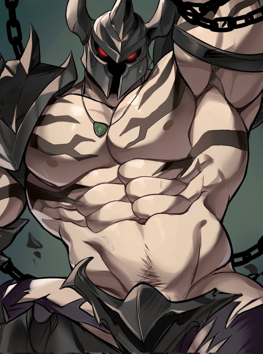 1boy abs ao_(chung0u0) armor armpits bara bare_pectorals chain chained chest_tattoo fake_horns groin helmet highres horned_helmet horns jewelry large_pectorals league_of_legends male_focus mordekaiser muscular muscular_male navel navel_hair necklace pants pauldrons pectorals red_eyes shoulder_armor solo tattoo torn_clothes torn_pants