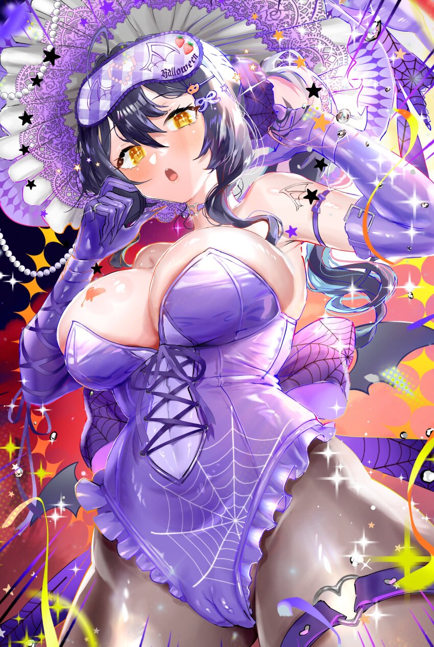 1girl absurdres alternate_costume alternate_hairstyle arm_tattoo back_bow bat_wings black_pantyhose blue_hair bow breast_tattoo breasts choker colored_inner_hair commentary elbow_gloves english_commentary food fruit gloves hair_between_eyes hair_ornament hairclip heart heart_choker heart_o-ring highres large_breasts leotard lua_asuka multicolored_hair o-ring open_mouth pantyhose production_kawaii purple_bow purple_choker purple_gloves purple_leotard second-party_source side_ponytail sleep_mask solo sparkle spider_web_print star_(symbol) strawberry tattoo teeth tekona0 thigh_strap tongue upper_teeth_only virtual_youtuber wing_tattoo wings yellow_eyes