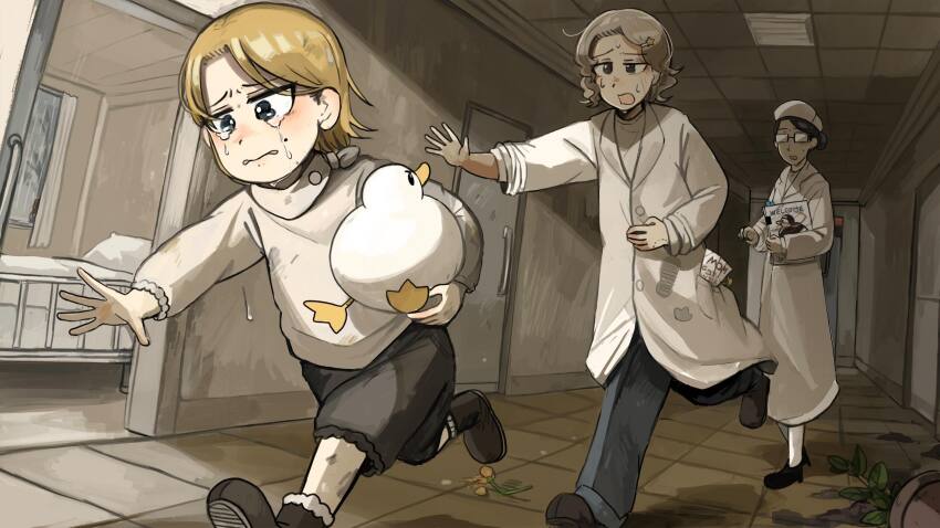 3girls aged_down bed bird black_boots black_hair black_shorts blonde_hair blue_eyes blue_pants boots brown_hair chicken coat commentary crying crying_with_eyes_open diva_(hyxpk) doctor duck english_commentary flower_pot glasses grey_shirt hair_ornament highres little_nuns_(diva) mole mole_on_cheek multiple_girls opaque_glasses pants running shirt short_hair shorts star_(symbol) star_hair_ornament star_nun&#039;s_aunt_(diva) strict_nun_(diva) tears white_coat