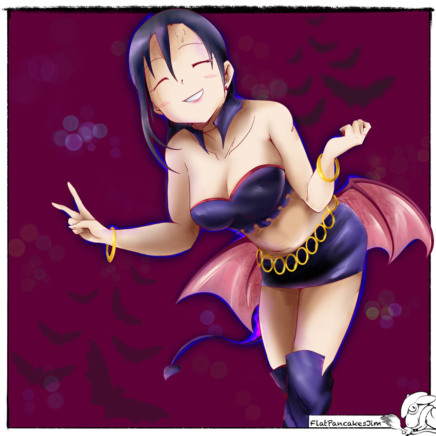 absurdres alternate_costume bats black_hair breasts closed_eyes collar demi-chan_wa_kataritai demon_girl embarrassed flatpancakesjim highres jewelry large_breasts leaning_forward lipstick makeup miniskirt satou_sakie simple_background skirt smile tail wings