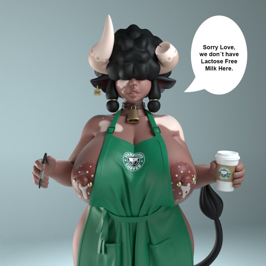 3d animal_ears apron black_hair breasts cow_ears cow_girl cow_horns cow_tail cowbell dark-skinned_female dark_skin face_piercing horns huge_breasts nipple_piercing nose_piercing piercing simple_background speech_bubble starbucks_coffee tail