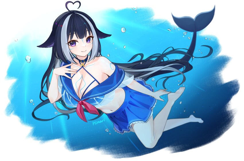 1girl absurdres ahoge animal_ears belt_collar black_hair blue_collar blue_sailor_collar blue_skirt breasts cetacean_tail cleavage closed_mouth collar fins fish_tail heart heart_ahoge highres himari_(himari_ttc) indie_virtual_youtuber large_breasts long_hair looking_at_viewer multicolored_hair navel orca_girl red_ribbon ribbon sailor_collar shylily shylily_(1st_costume) skirt smile solo streaked_hair swimming tail underwater virtual_youtuber white_hair
