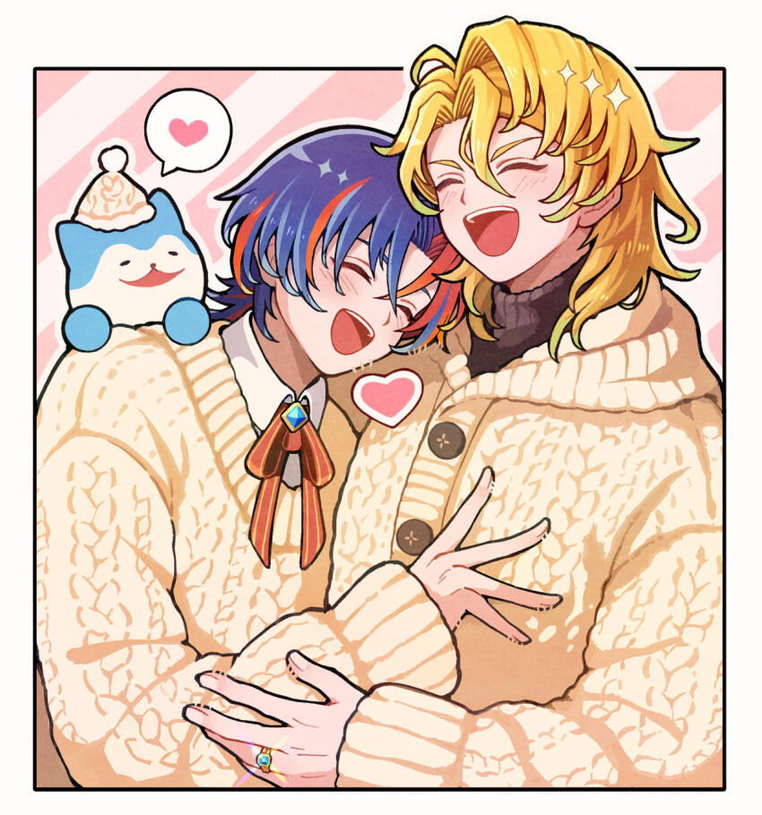 1other 2boys male_alear_(fire_emblem) alternate_costume amber_(fire_emblem) blonde_hair blue_hair crossed_bangs fire_emblem fire_emblem_engage heterochromia highres kuhaha multicolored_hair multiple_boys nintendo open_mouth red_hair sommie_(fire_emblem) split-color_hair sweater two-tone_hair