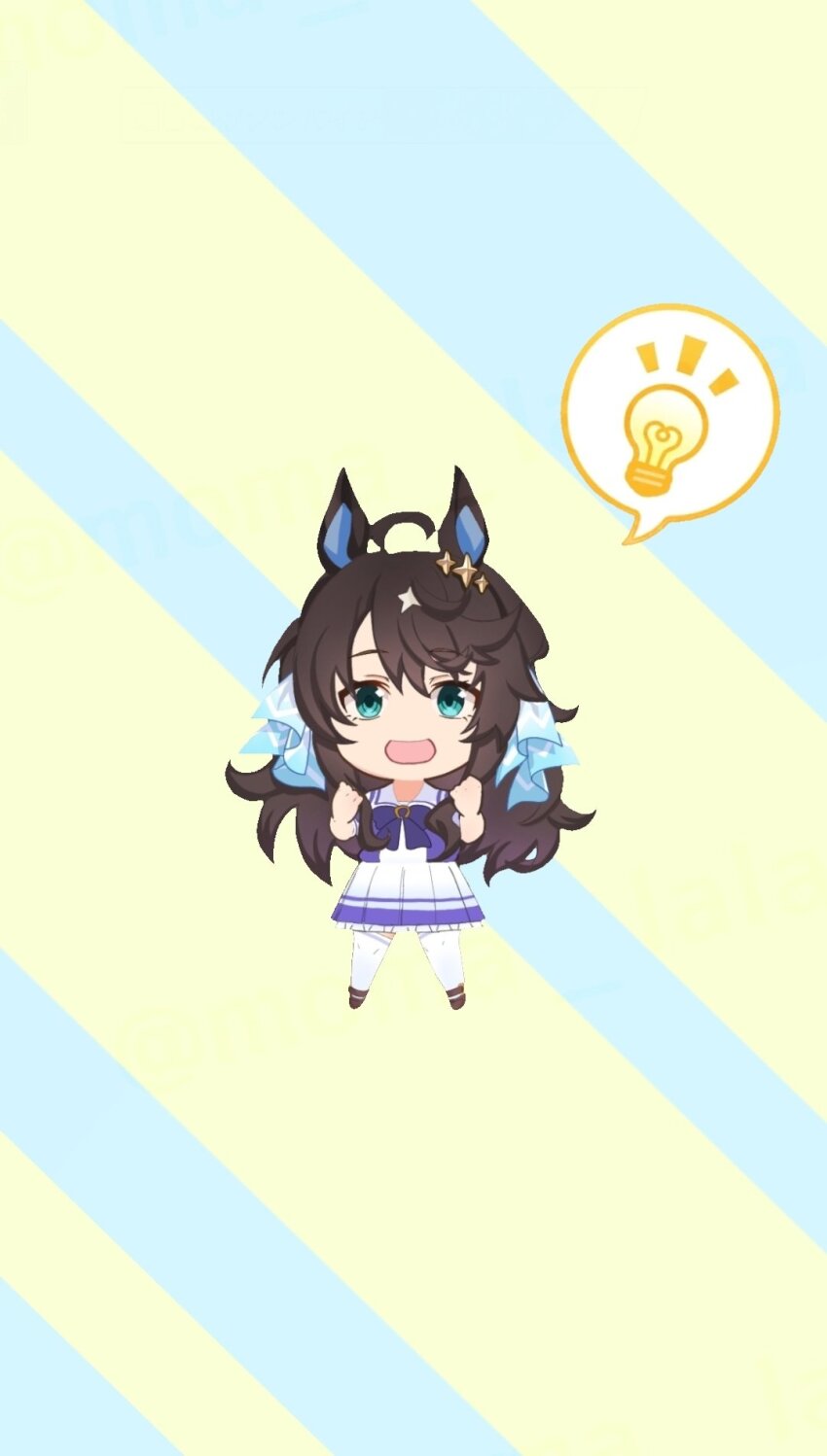 1girl ahoge animal_ears blue_eyes blush chibi clenched_hands commentary_request daring_tact_(umamusume) gameplay_mechanics hair_between_eyes hair_ornament highres horse_girl light_bulb looking_at_viewer moma_lalala open_mouth school_uniform smile solo spoken_light_bulb striped_background thighhighs tracen_school_uniform umamusume