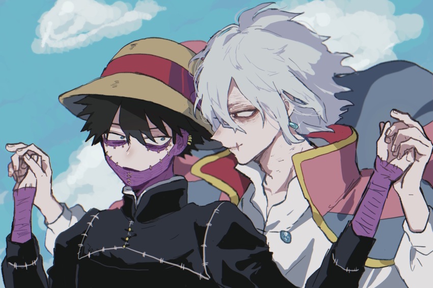 2boys ametaro_(ixxxzu) black_hair black_shirt blue_eyes blue_sky boku_no_hero_academia burn_scar cheek_piercing cloud dabi_(boku_no_hero_academia) day earrings face_piercing grey_hair hat highres jewelry male_focus multiple_boys multiple_scars outdoors piercing red_eyes scar scar_on_face shigaraki_tomura shirt short_hair sky spiked_hair staple stapled sun_hat white_shirt wrinkled_skin yaoi